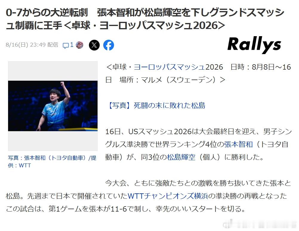 wtt瑞典大满贯2026张本智和 260816 半决赛张本逆转战胜松岛。比赛进程