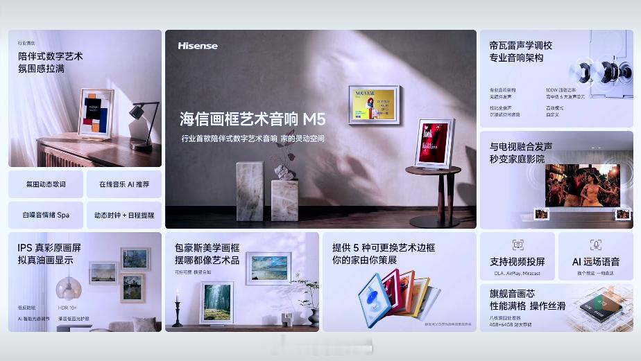 海信画框艺术音响M5，行业首款陪伴式数字艺术音响，艺术氛围拉满：IPS真彩原画屏