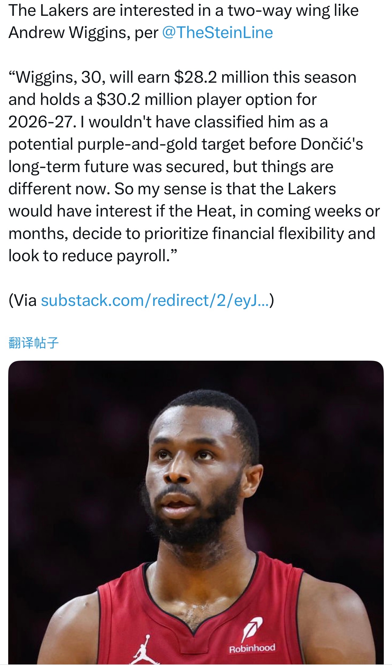 据Marc Stein报道，湖人对像安德鲁·威金斯这样攻守兼备的侧翼球员感兴趣：