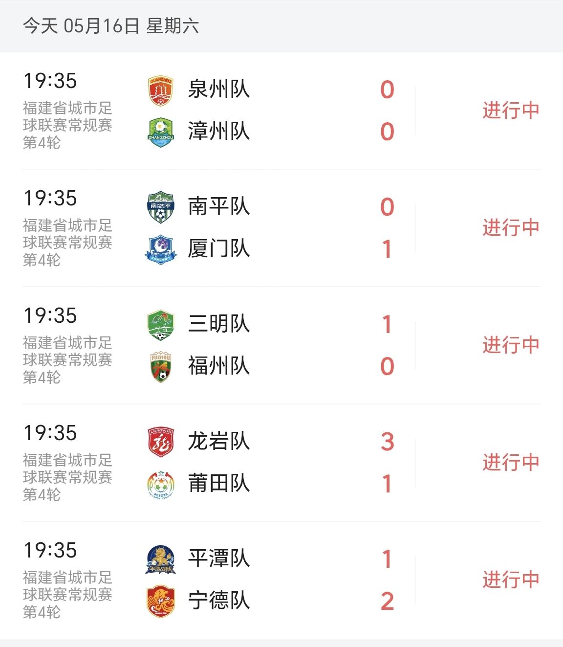 今天是闽超第四轮赛事，一共有五场赛事，10支球队全部亮相。

截至发稿，此时赛事