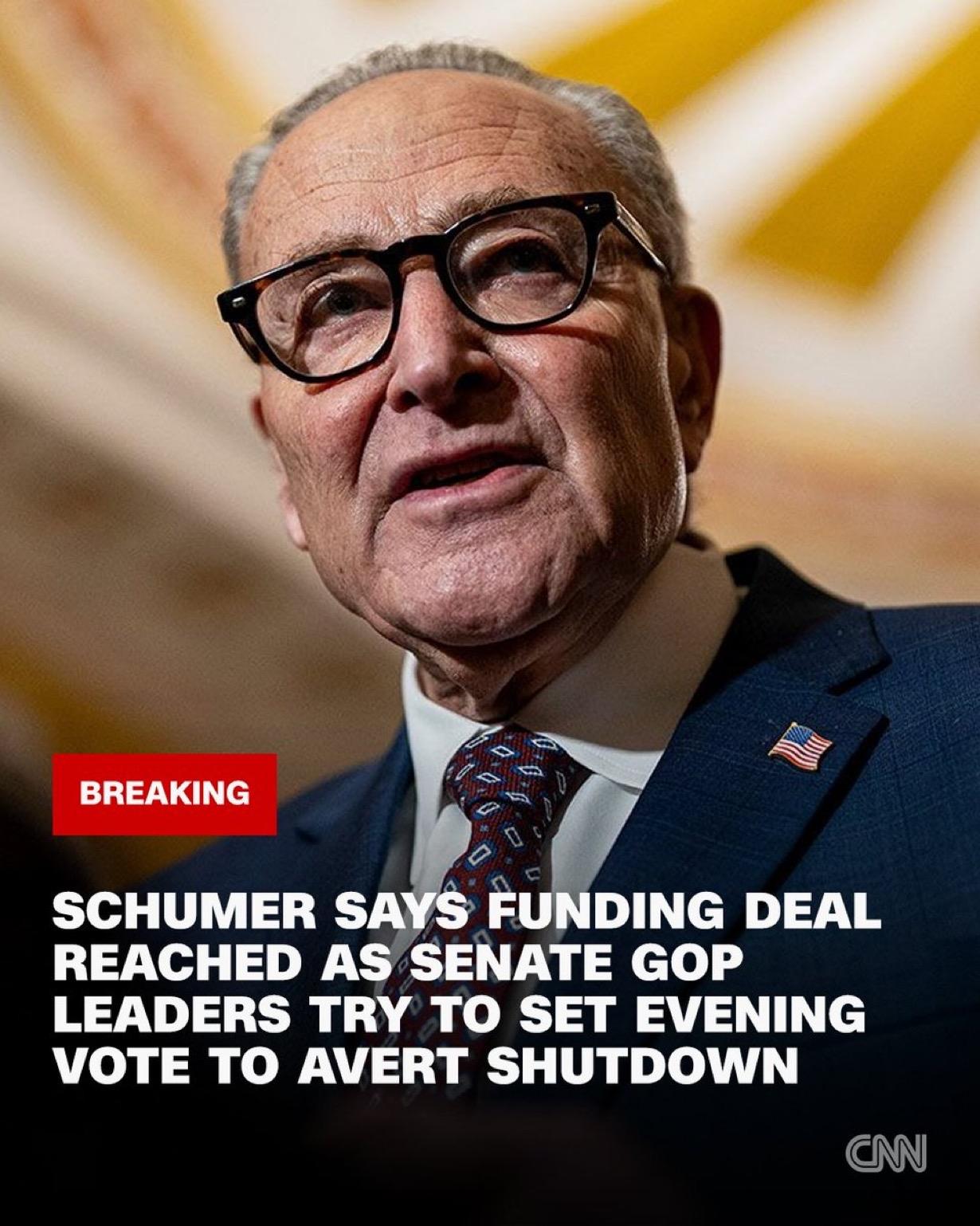 美国参议院民主党领袖查克·舒默的办公室表示，两党已达成一项拨款协议，以避免政府停