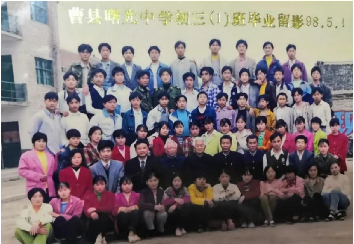 曹县曙光中学初三(1)班毕业照
拍摄于1998年5月1日。
曹县曙光中学是曹县办