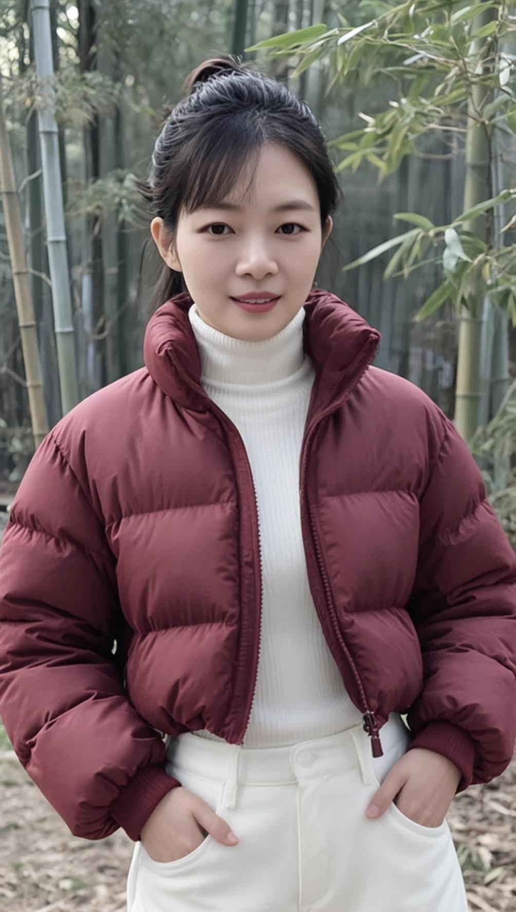 AI酒红棉服照  抖音ai创作