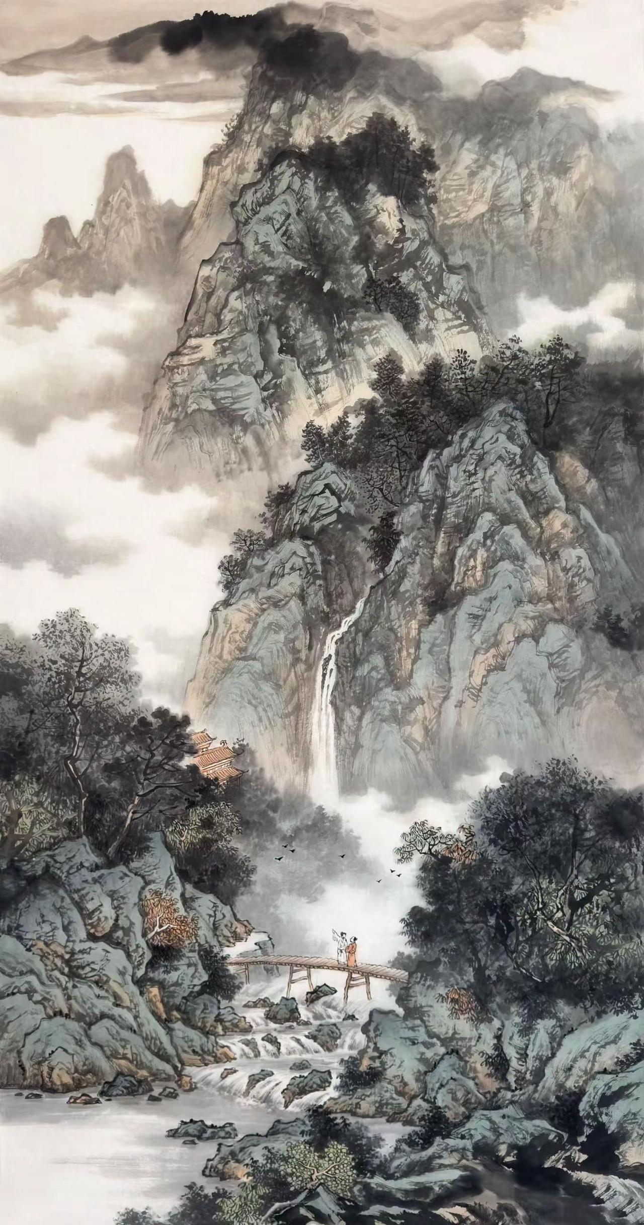 【云涧观瀑图】。四尺山水感受国画的意境之美 创作者中心 创作灵感 国画山水