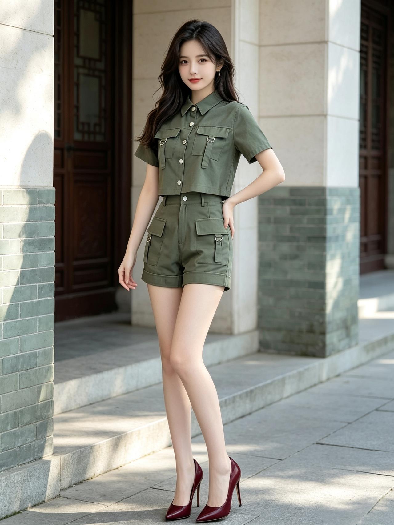 女孩子怎么穿搭既时尚又好看? 绿衣俏皮大长腿，阳光洒下超吸睛！复古风穿搭太绝了，