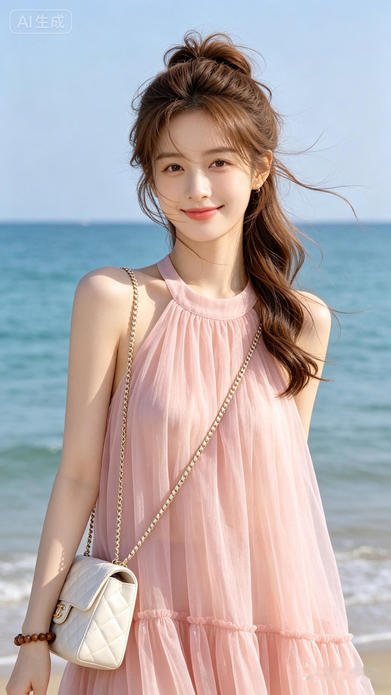 海边少女穿搭指南：粉色连衣裙+白色链条包，轻松自在，享受阳光沙滩！🌞👗👜