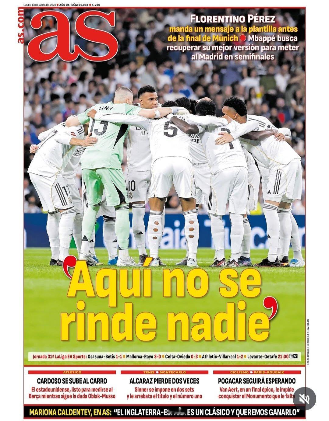 皇马 《阿斯》弗洛伦蒂诺:“这里没人放弃”姆巴佩寻求恢复最佳状态让皇马晋级半决赛