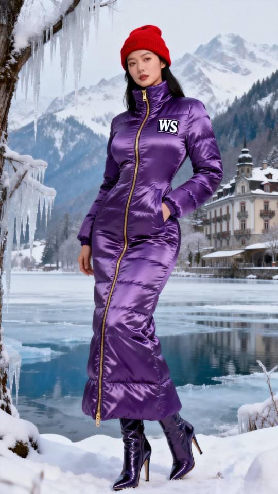 冬日雪景中的时尚穿搭，紫色长款羽绒服搭配红色贝雷帽，保暖又时尚，尽显优雅与温暖。