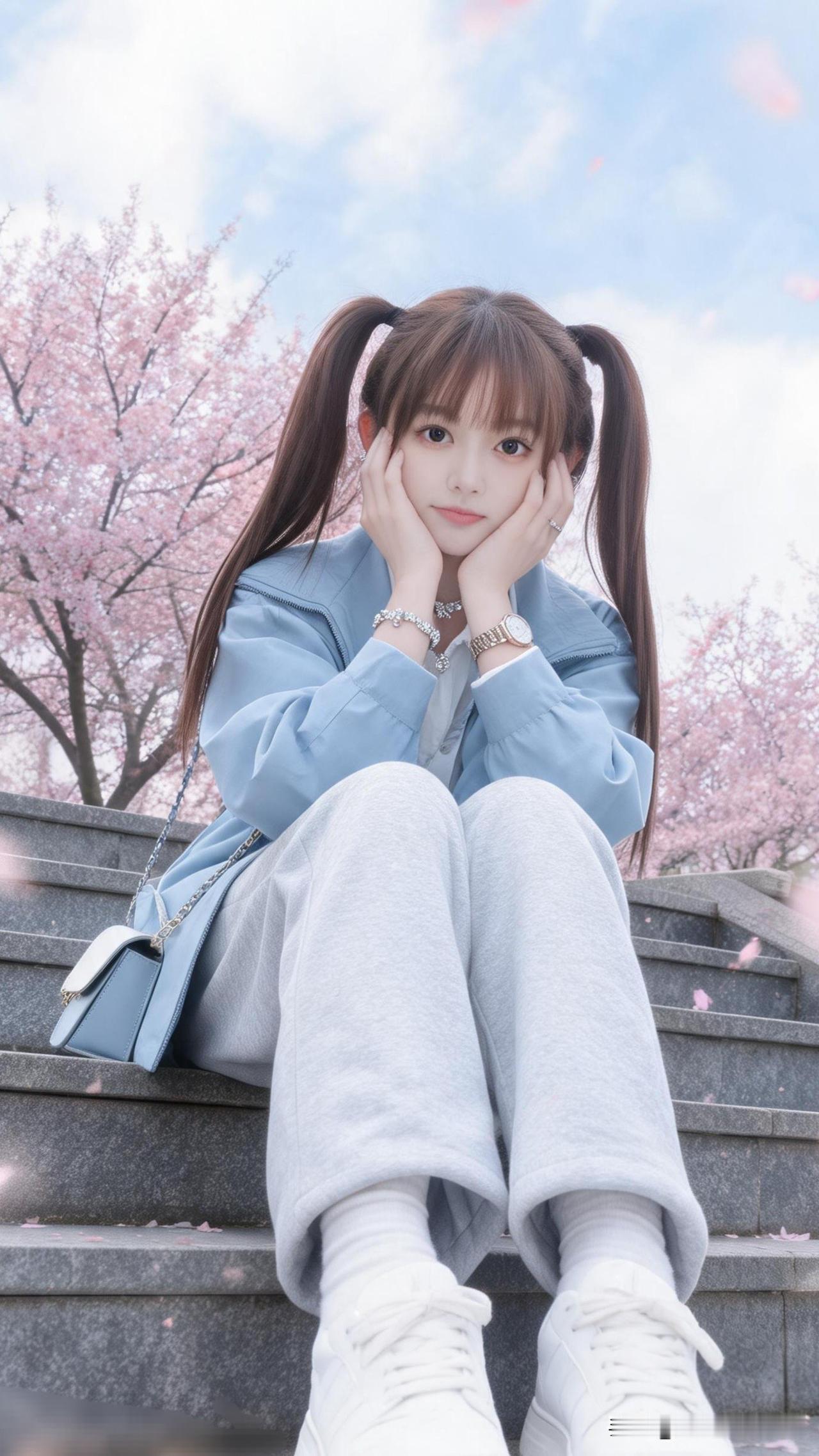 樱花树下的小仙女，元气满满的一天🌸💕