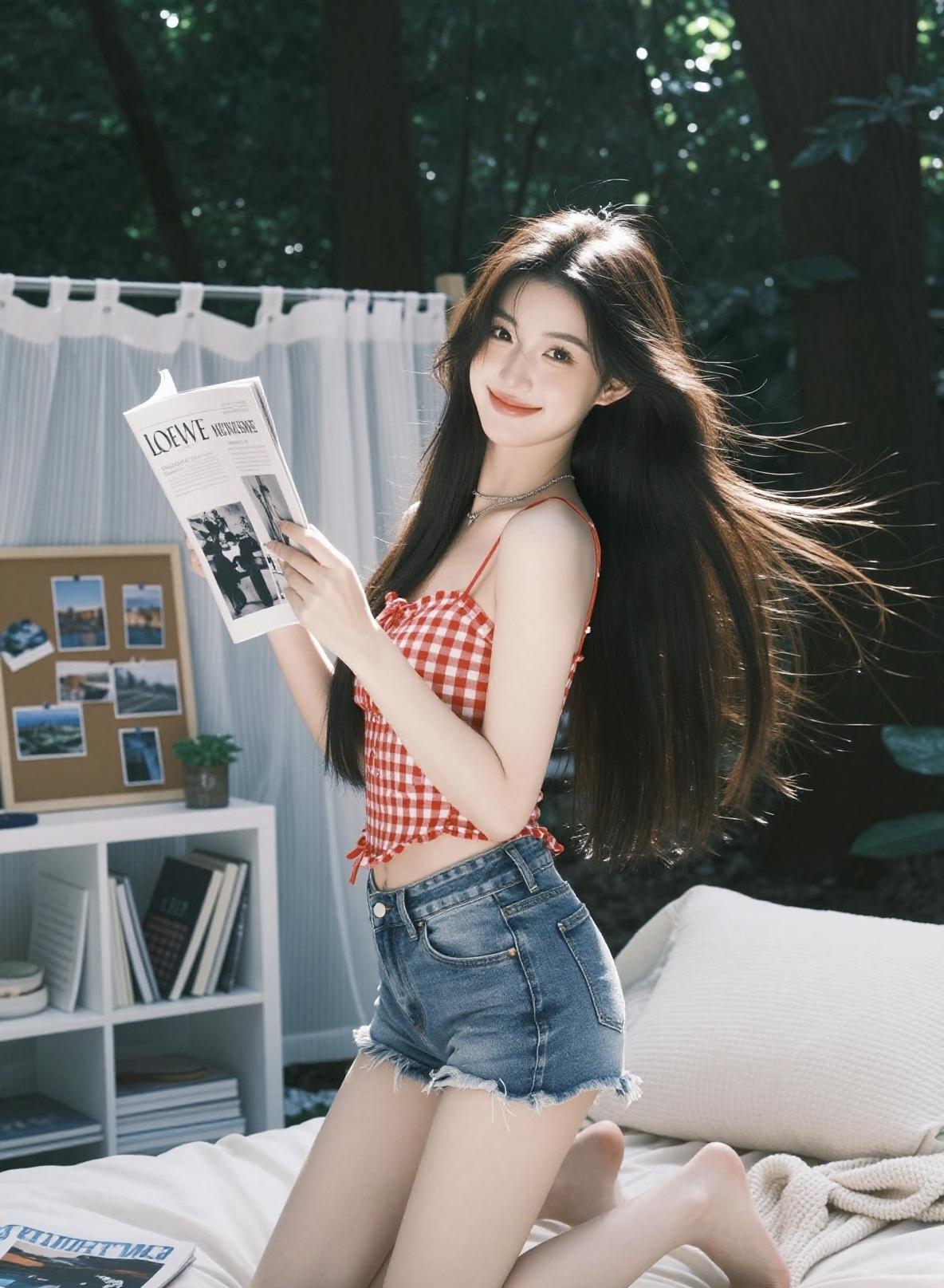 夏日清新穿搭，红白格子吊带衫搭配牛仔短裤，阳光下的甜美少女