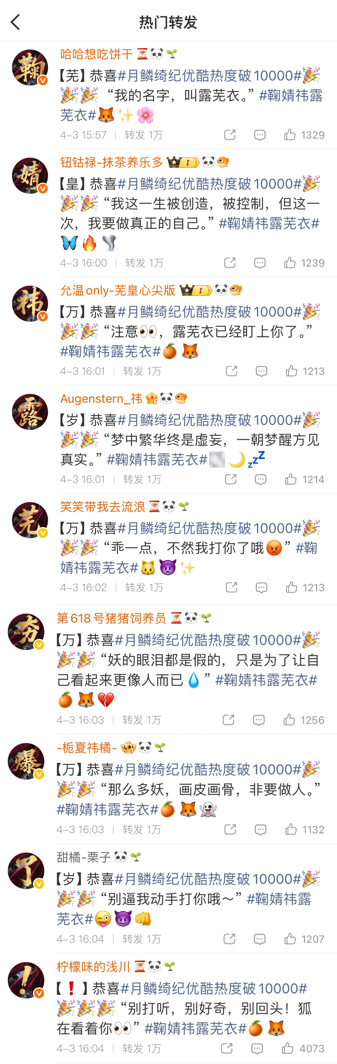 月鳞绮纪优酷热度破10000转发区鞠婧祎露芜衣夯爆了❗️