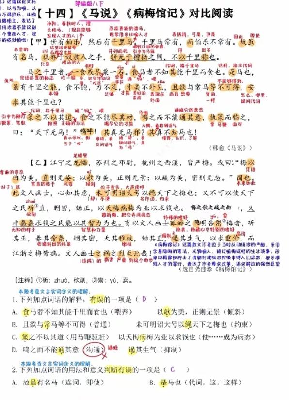 八年级语文下册文言文《马说》《病梅馆记》对比阅读理解训练