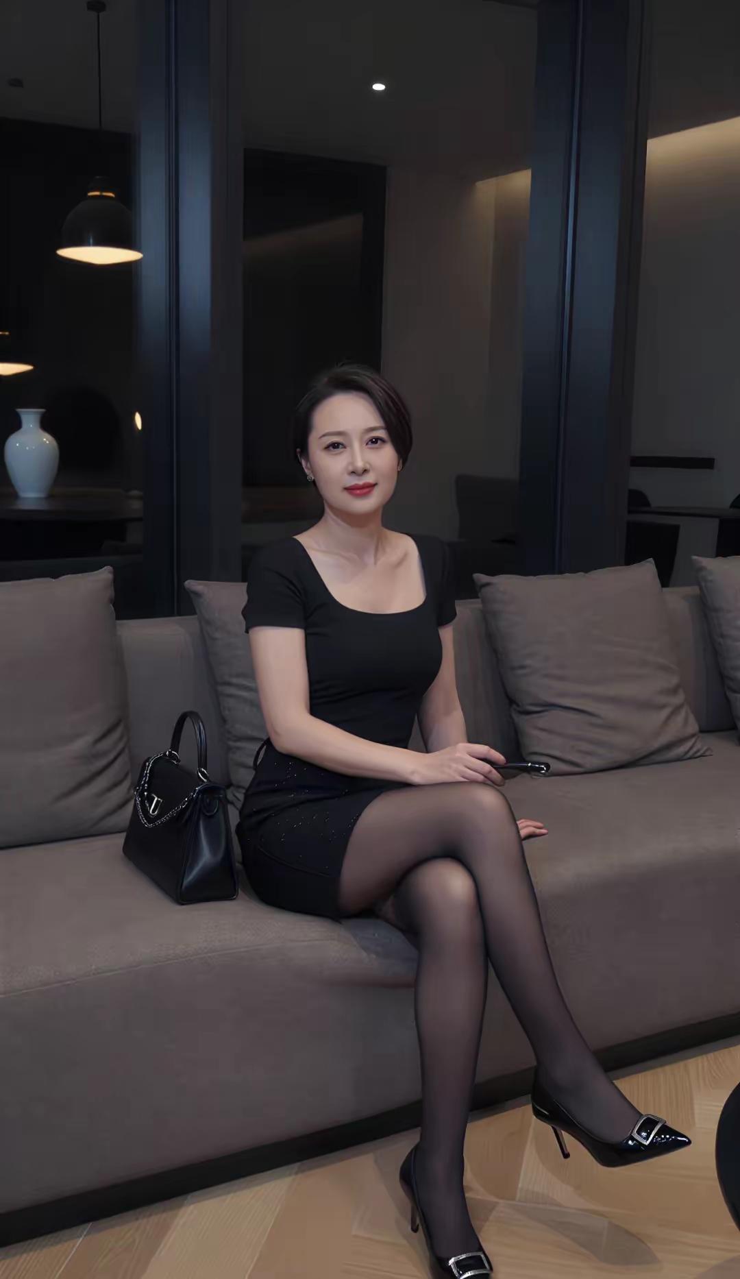 中年阿姨的日常穿搭，一身黑色连衣裙，搭配上黑色高跟鞋，和洁白的皮肤简直形成鲜明对