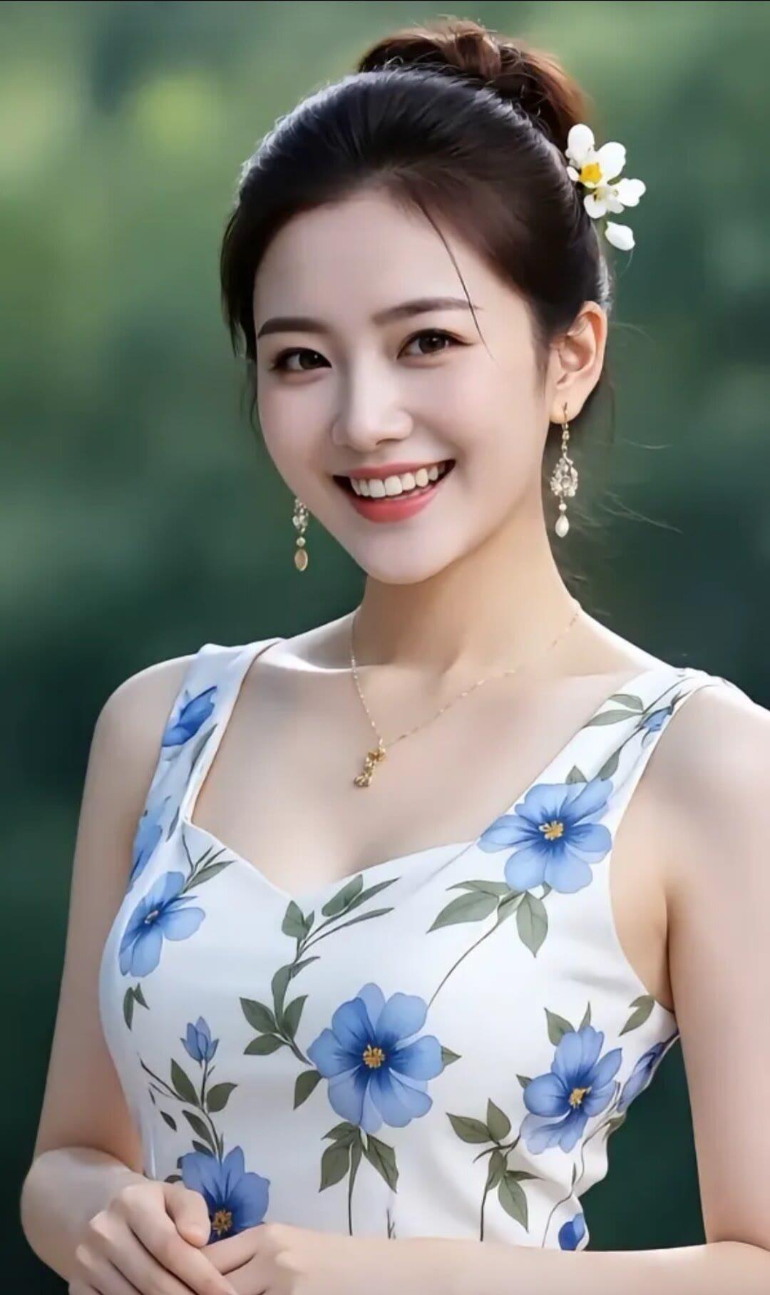 夏日清新穿搭，蓝花白裙，甜美笑容，自然妆容，优雅气质。