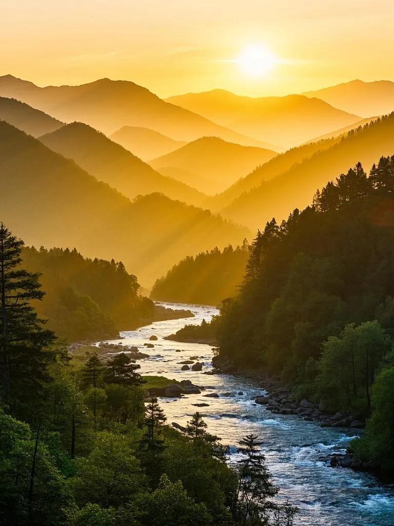 井冈山的夕阳下，山峦起伏似大地脊梁，溪流金光闪烁，林间鸟鸣悠悠，一幅动静相宜的绝