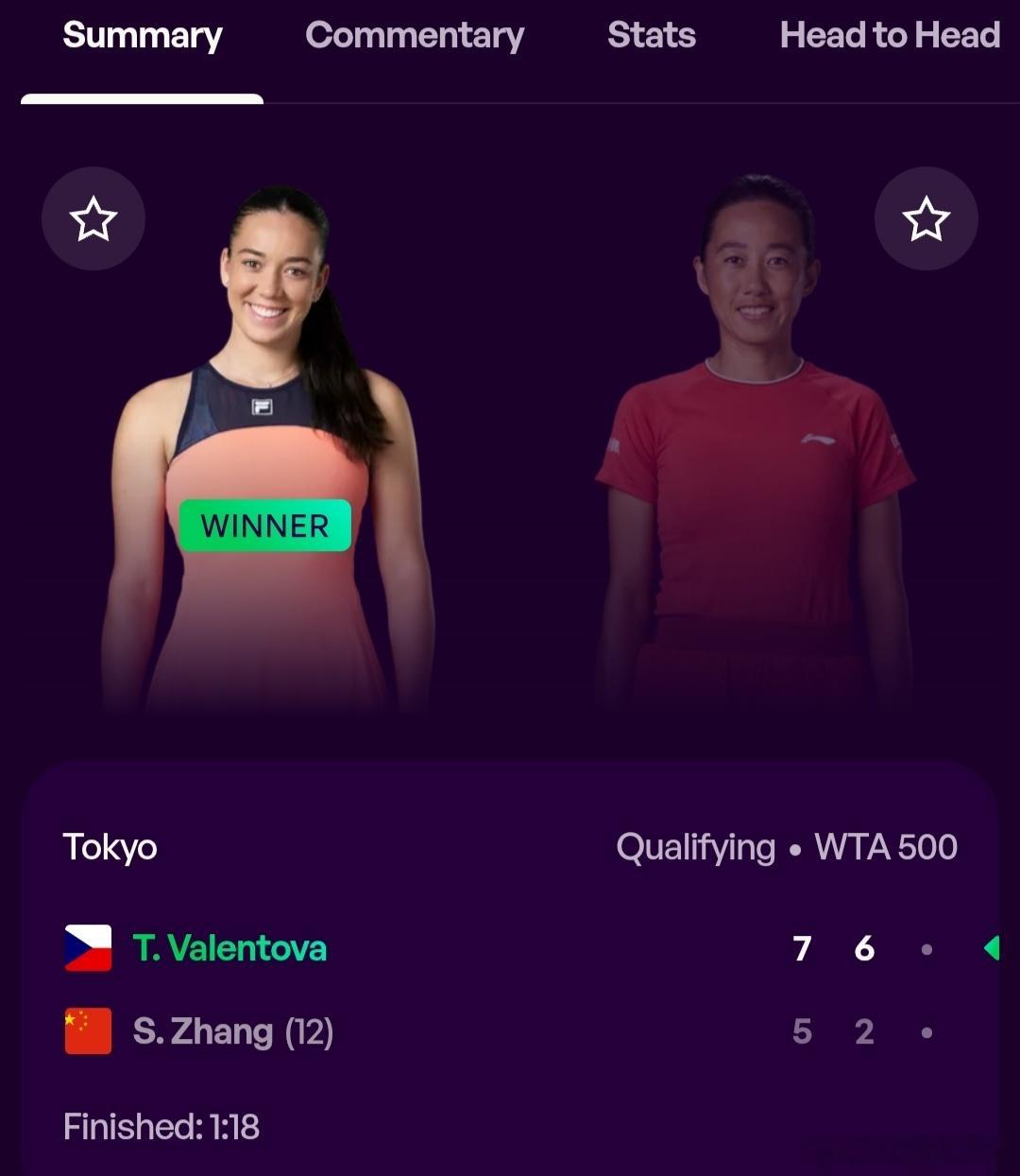 WTA500东京站🇯🇵资格赛决胜轮张帅🇨🇳5-7/2-6不敌瓦伦托娃🇨