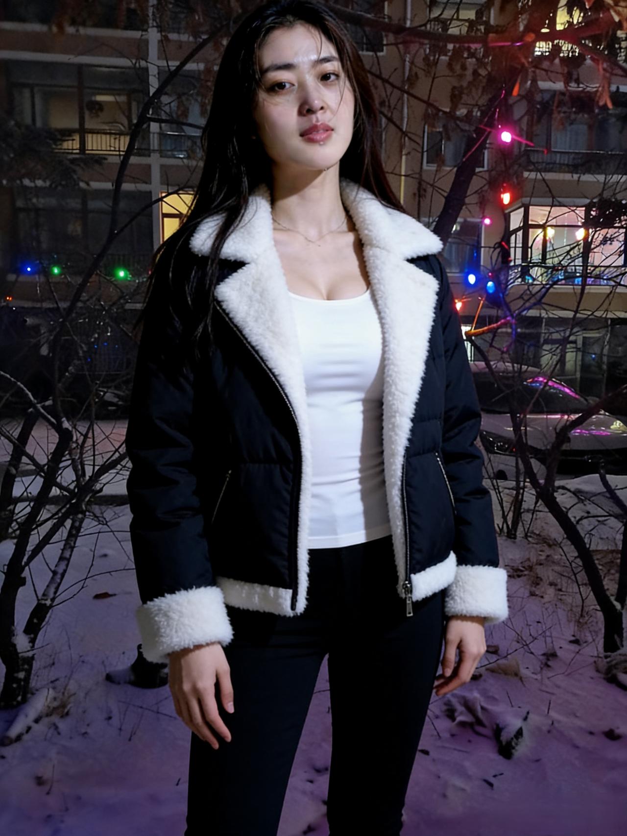 《夜色中，与她相逢》
我在小区的雪夜里慢行，
撞见一场无声的惊艳，撞碎了孤独的冰