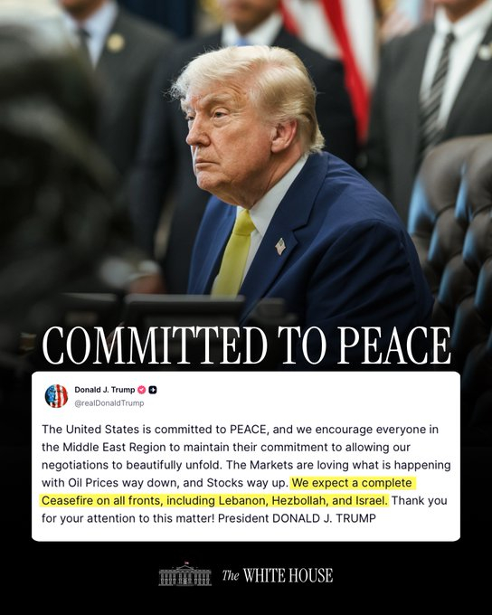 “美国致力于和平……我们期待在所有战线上实现全面停火，包括黎巴嫩、黎巴嫩真主党和