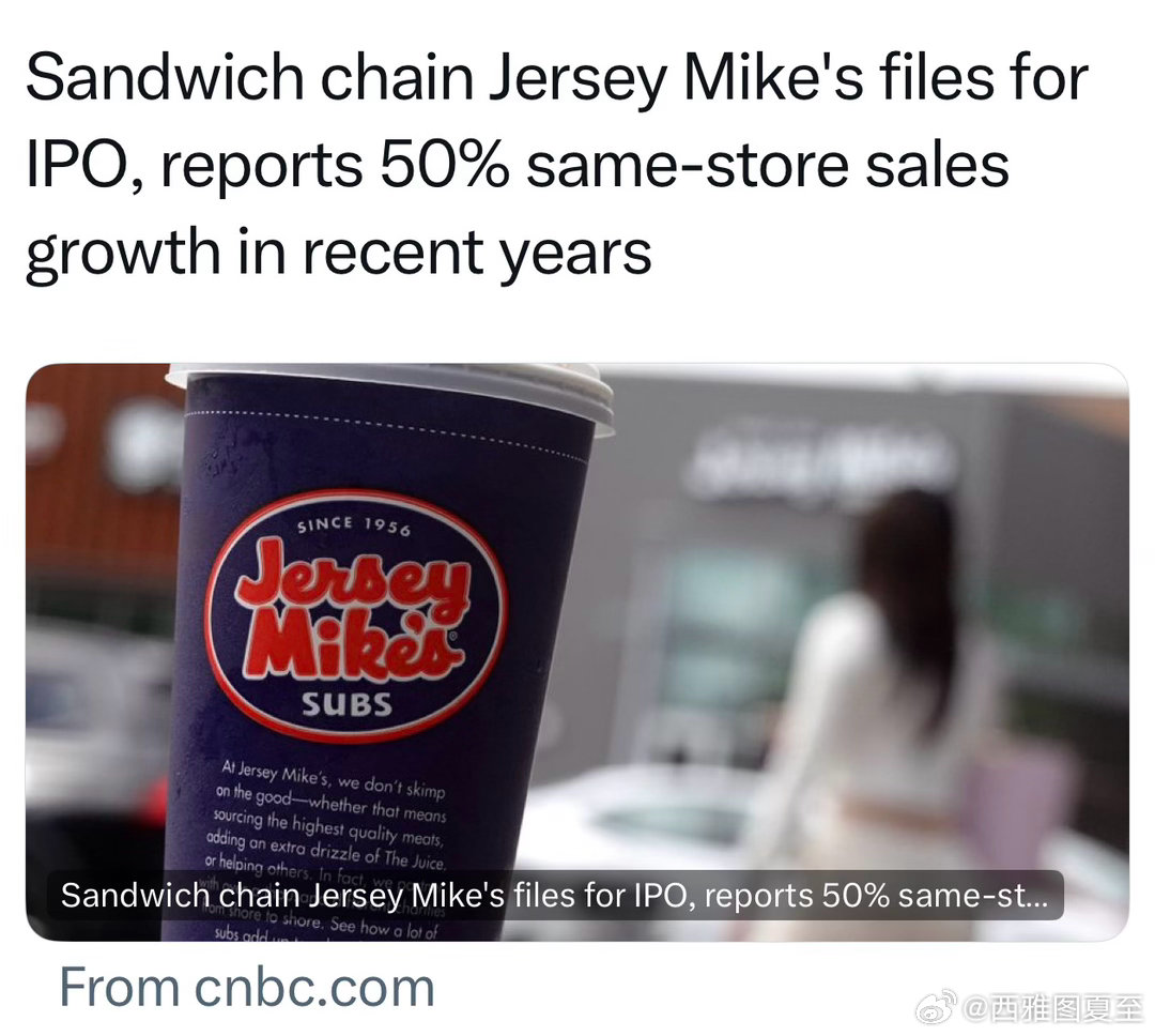 美国目前最受欢迎的三明治连锁店Jersey Mike’s，同店销售额同比年增50