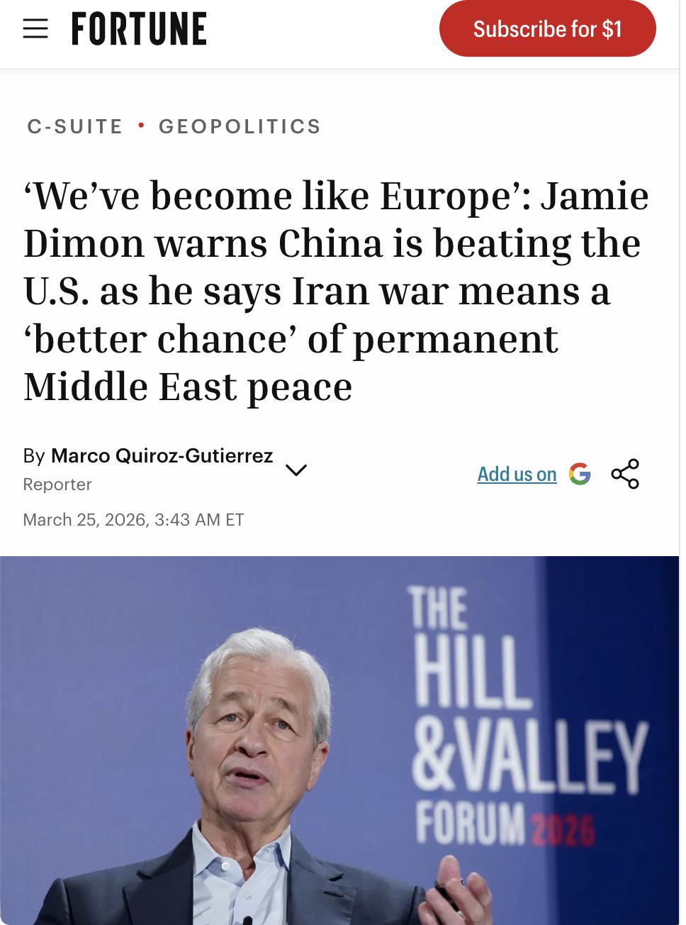 外媒：摩根大通CEO杰米·戴蒙在Hill and Valley论坛上警告美国正变