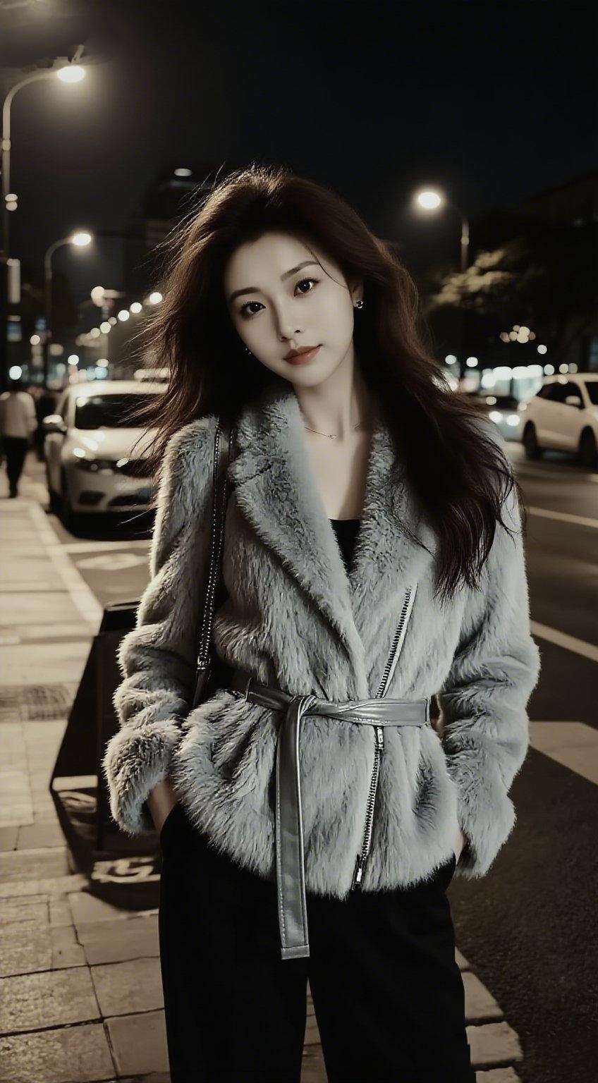 《夜街漫行》
 
晚灯洇开半城霜，
茸裘拥得一身凉。
长街车影流如水，
鬓发风痕