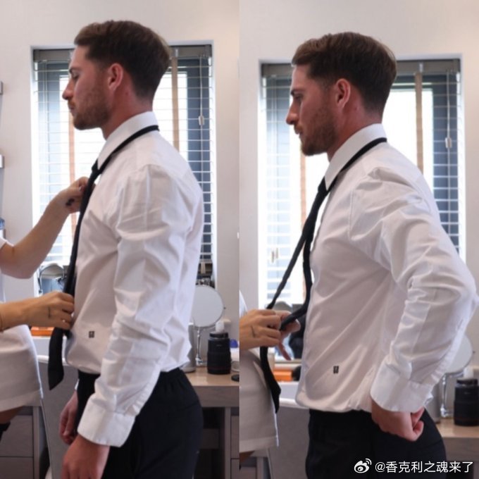 麦卡出席颁奖仪式的准备，女朋友还给戴领结 ​​​
