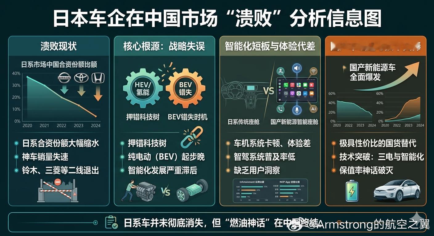日系车溃败 曾经凭借“省油、耐用、保值”三驾马车横扫市场的日系车（丰田、本田、日