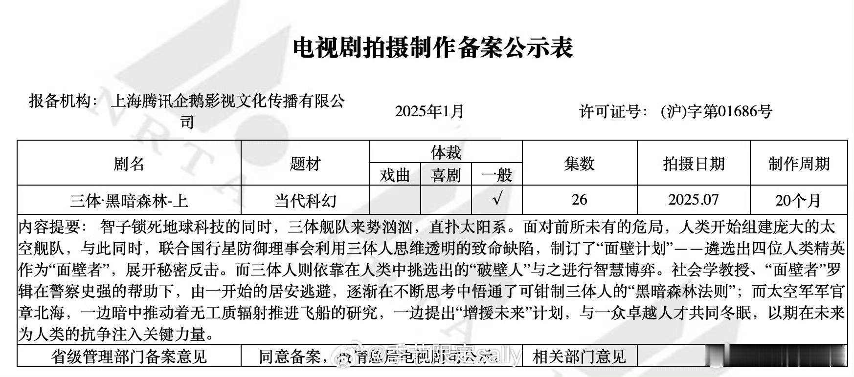 1月电视剧备案公示[举手]《三体黑暗森林》《交锋》《那个不为人知的故事》《金陵春