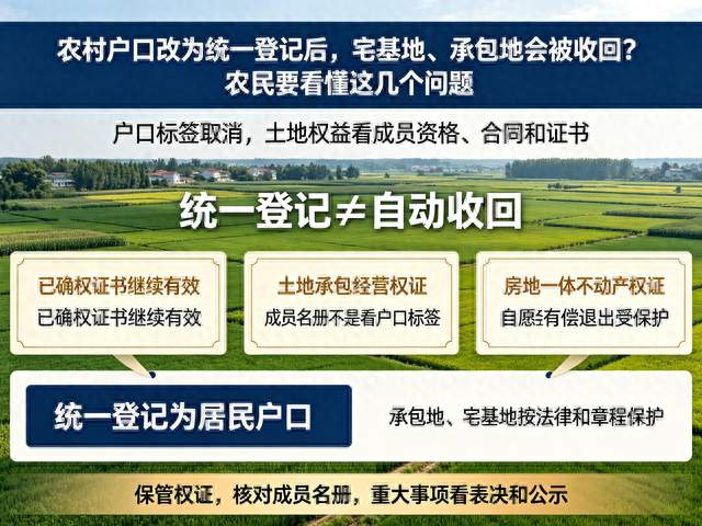 农村户口改为统一登记后，宅基地、承包地会被收回？