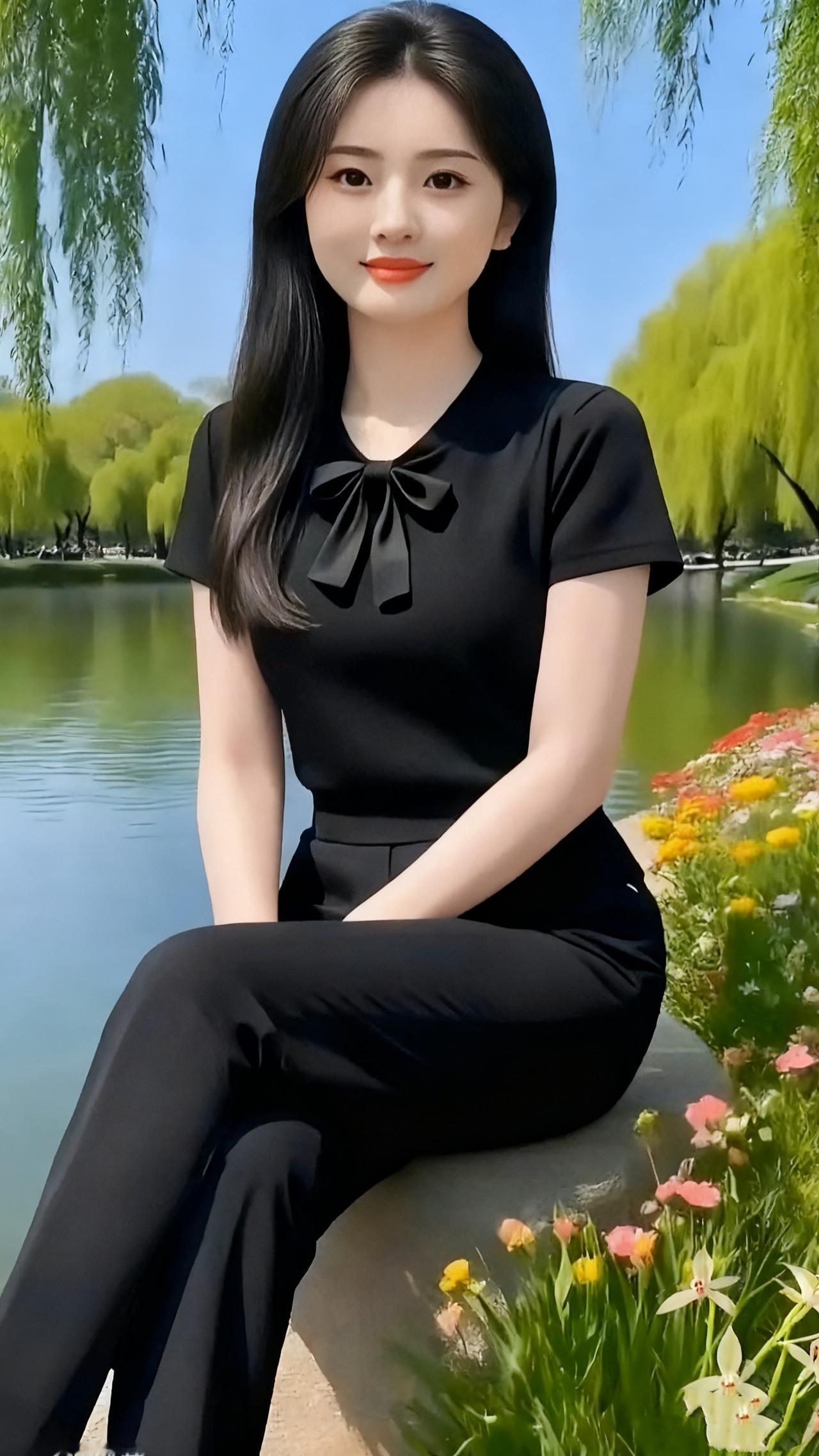 山青水秀淑女俏
叠嶂凝青映碧流，
汀兰岸芷暗香浮。
溪光漾翠摇云影，
岫色含晴绕