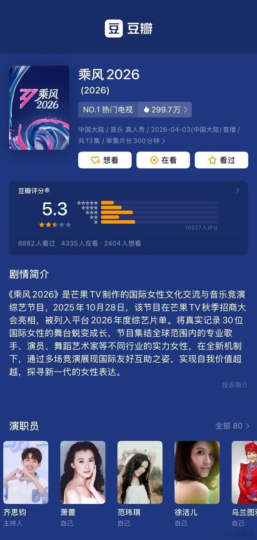 《乘风2026》豆瓣开分5.3分谢娜爆料浪姐录制时厕所门是锁的乘风2026