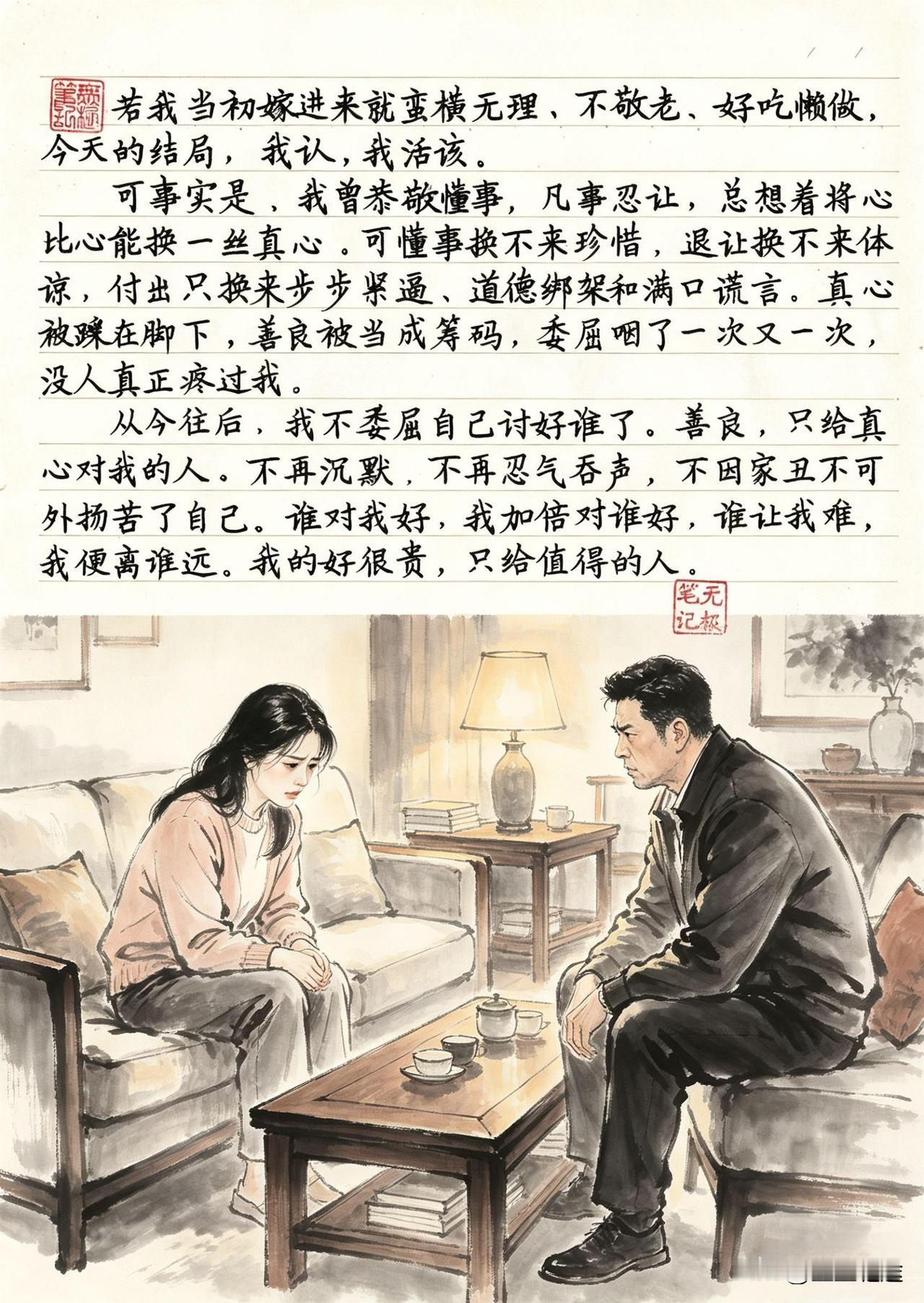 若我当初嫁进来就蛮横无理，不敬老，好吃懒做，	今天的结局，我认，我活该。可事实是