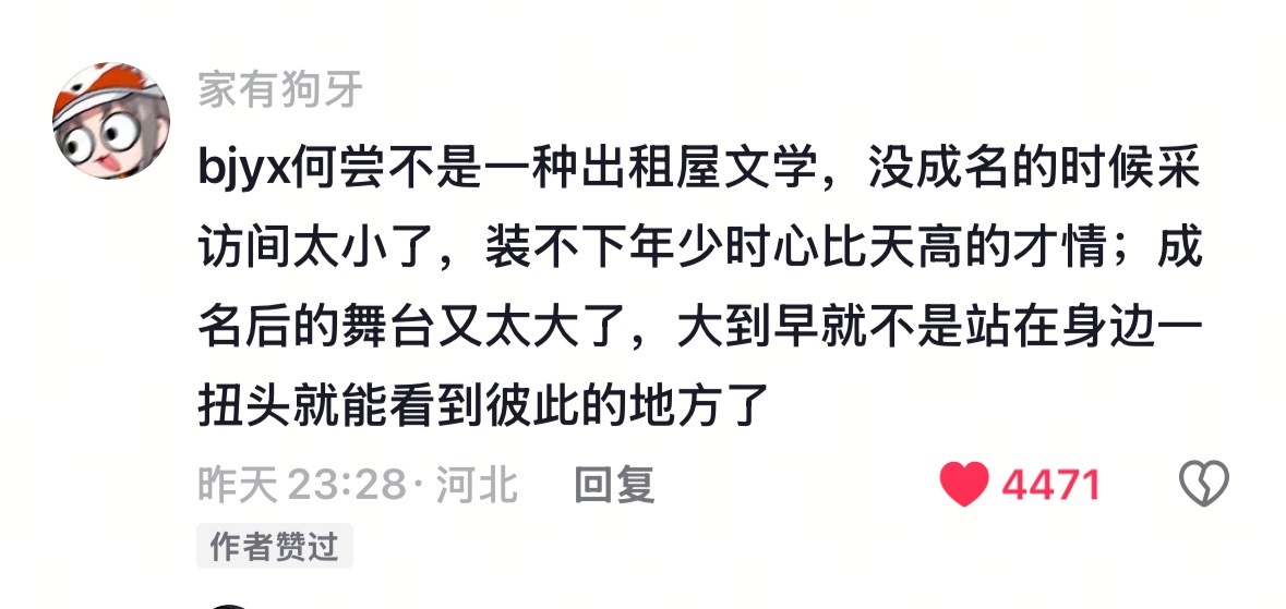 bjyx何尝不是一种出租屋文学，没成名的时候采访间太小了，装不下年少时心比天高的