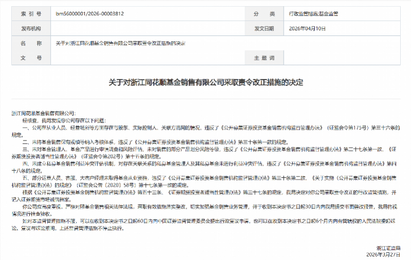 部分员工无证上岗，同花顺旗下基金销售公司收罚单
