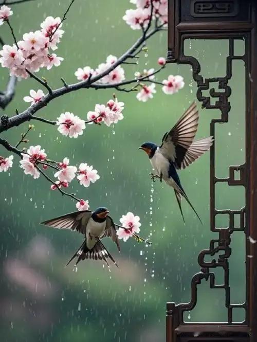 上联：落花人独立
下联：微雨燕双飞