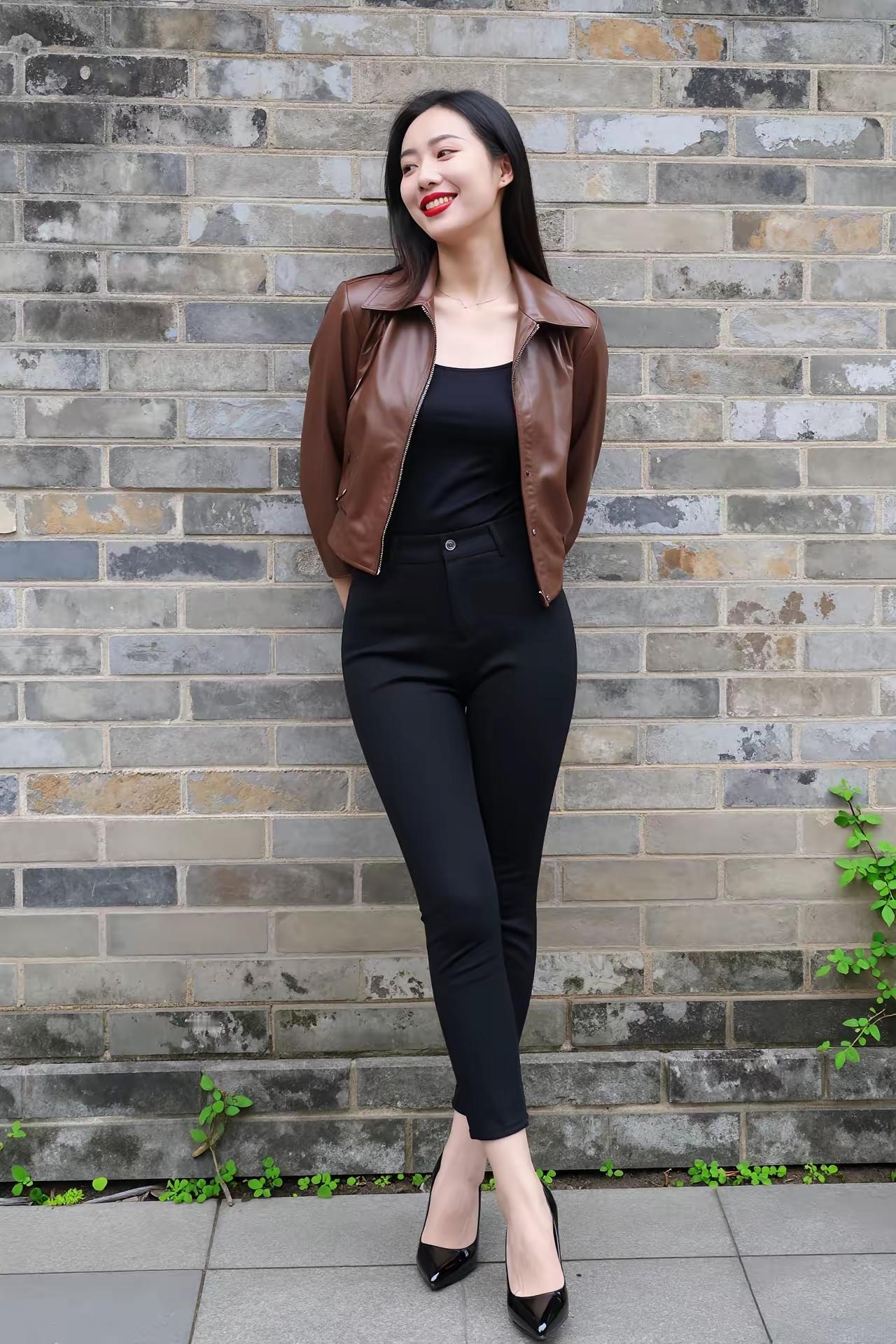 黑色最能彰显年轻和活力，即显身材高挑，又显高贵的气质。酒红色的皮夹克搭配上黑色高