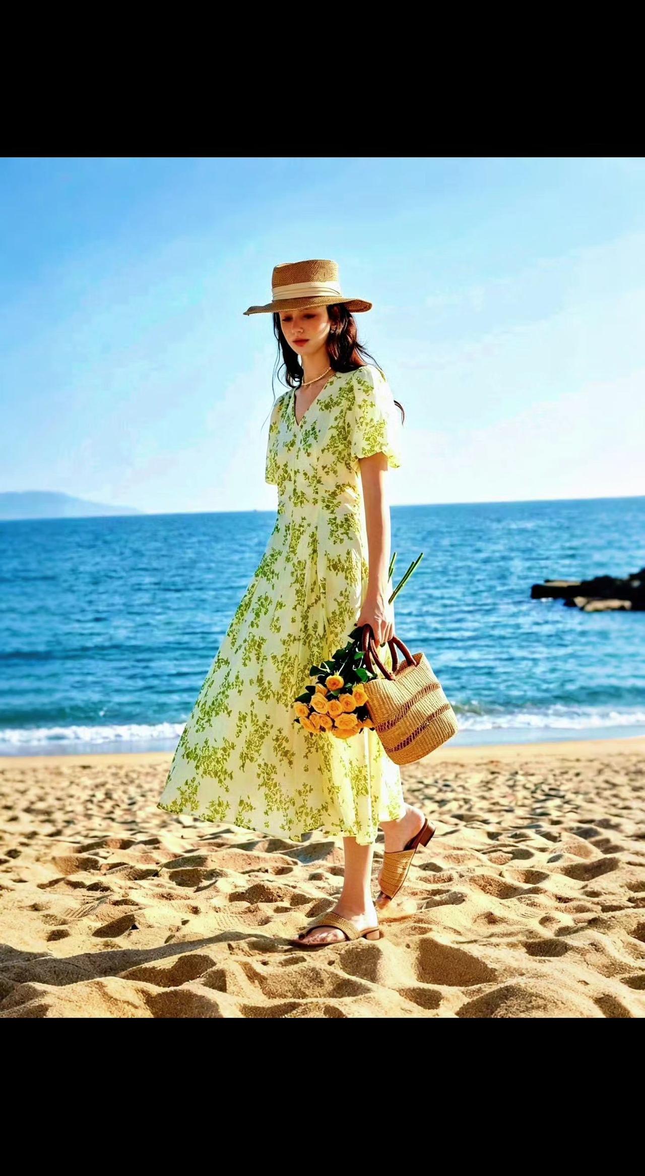 🌊草帽与碎花裙，把海的蓝揉进步履里🌼。每个脚印都是夏天的逗号，而自由不需要句