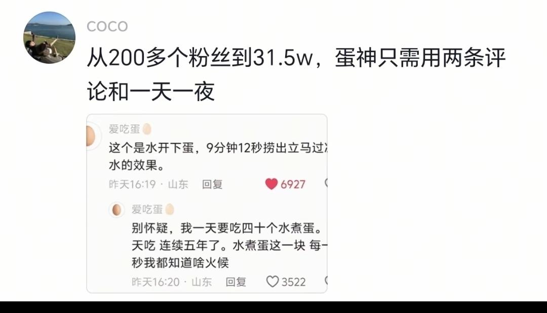自从有了抖音，会看到各个奇奇怪怪的赛道和领域里的大神，比如这个煮蛋大神，只有15