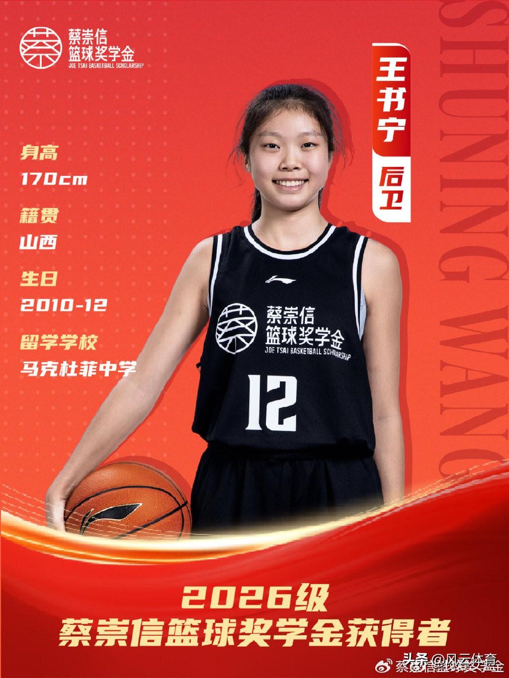 2026蔡崇信奖学金获得者名单揭晓！

王书宁，15岁，身高170cm，司职后卫