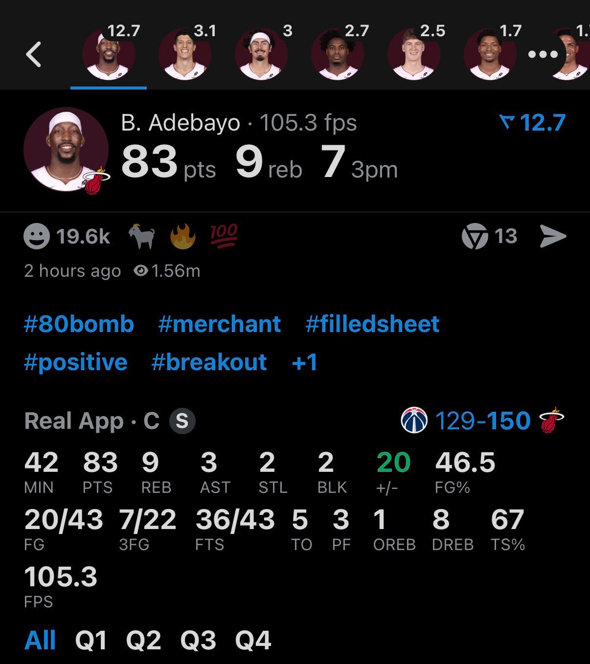 阿德巴约今天什么水平？ 全场出战41分48秒，43投20中，三分22中7，罚球4