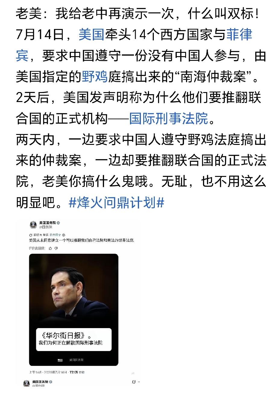 这个网友的三个观点都是正确的。
1.美国双标举世闻名，没有争议。
2.仲裁南海的