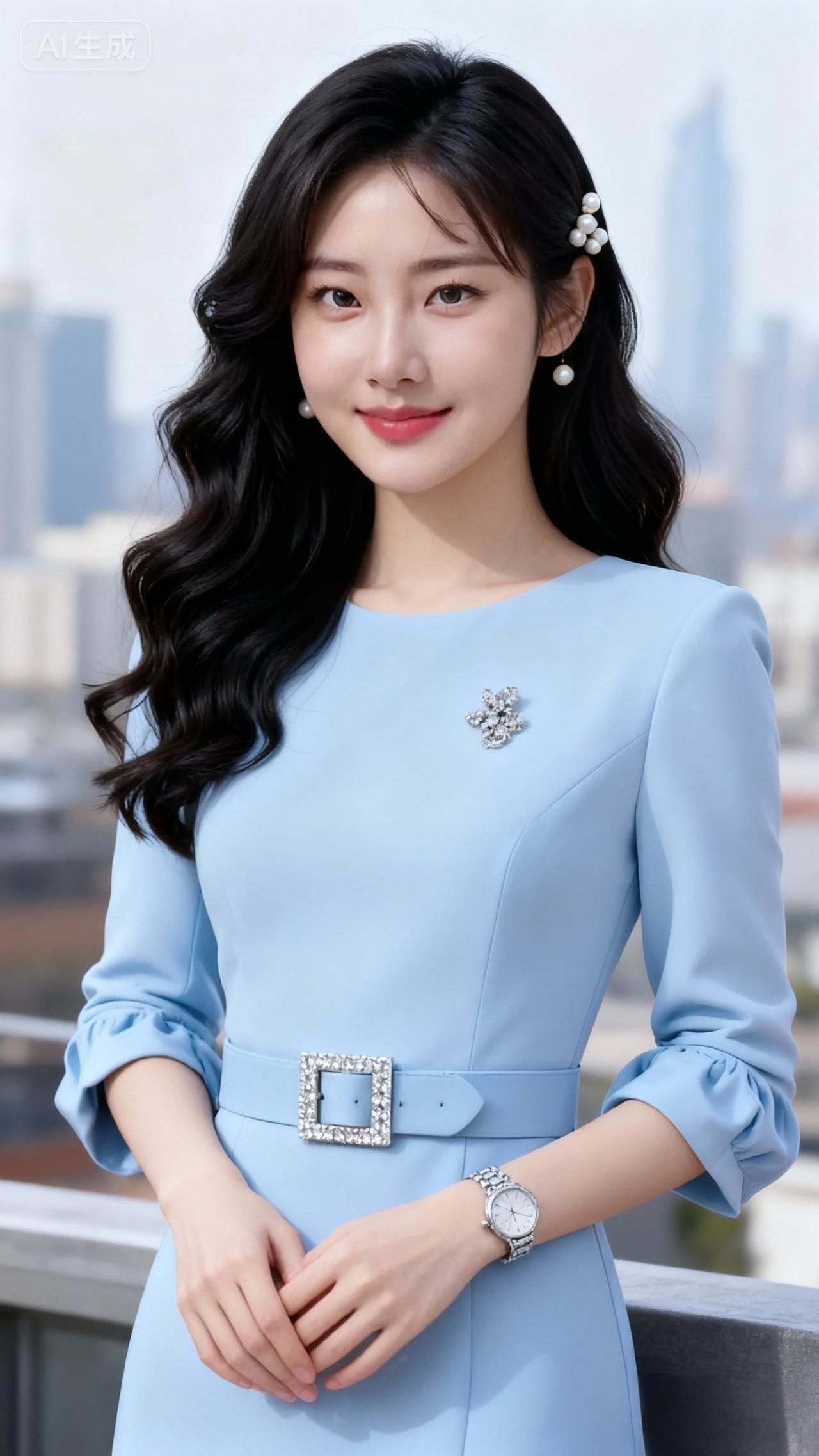 优雅蓝裙，都市风范，时尚配饰，完美造型！