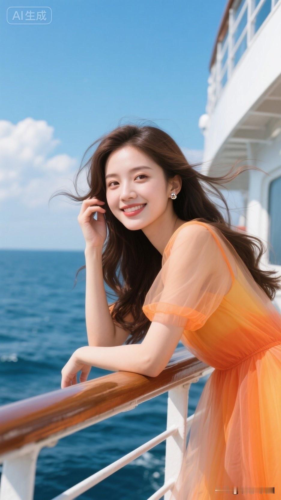 在游轮上，女孩微笑着看向大海。