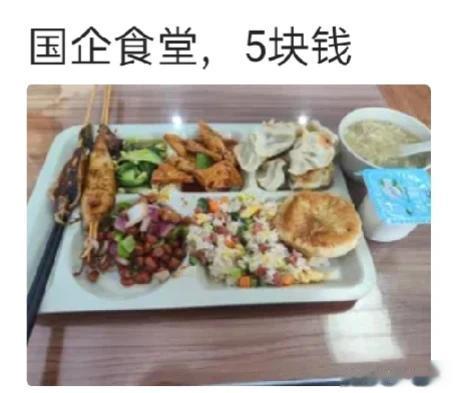 没对比就没伤害！
图一是某国企单位的5元餐食，有荤有素，米面搭配，还有酸奶，营养