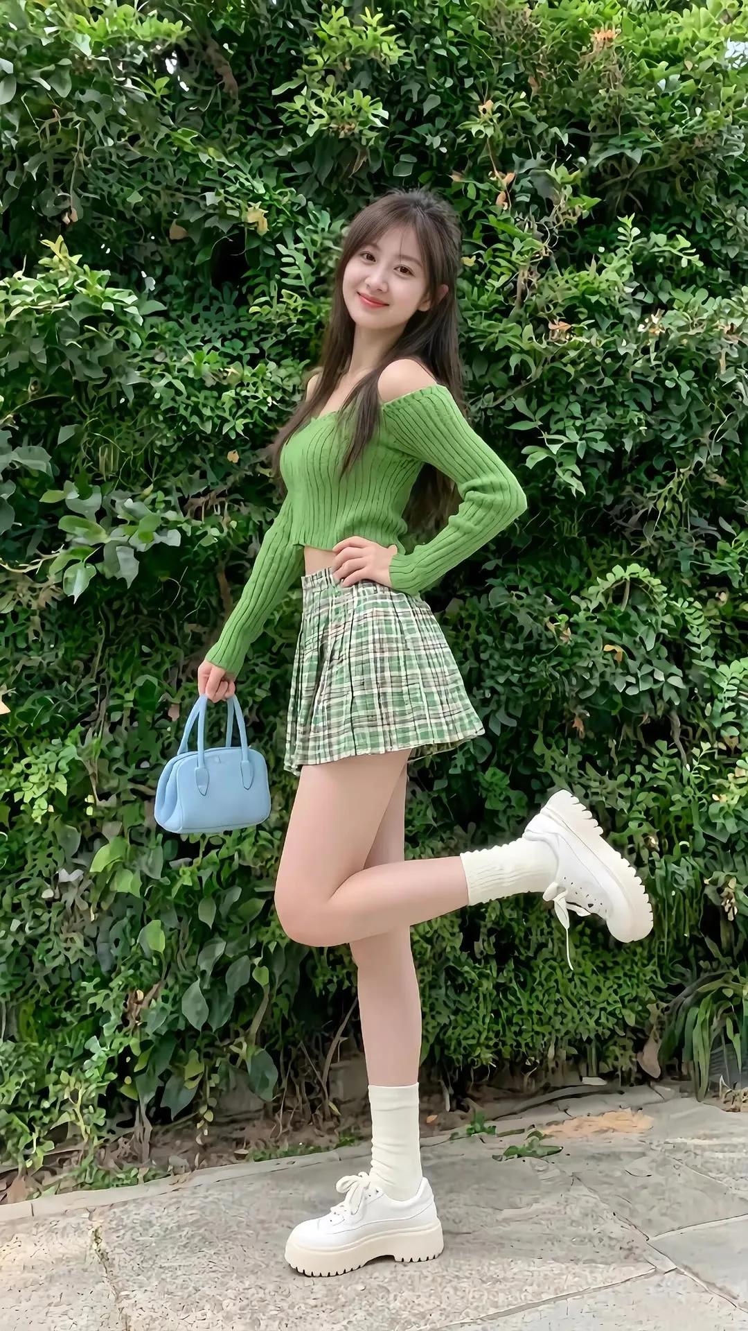 绿衣少女倚绿树，笑语盈盈。街拍 高清美女