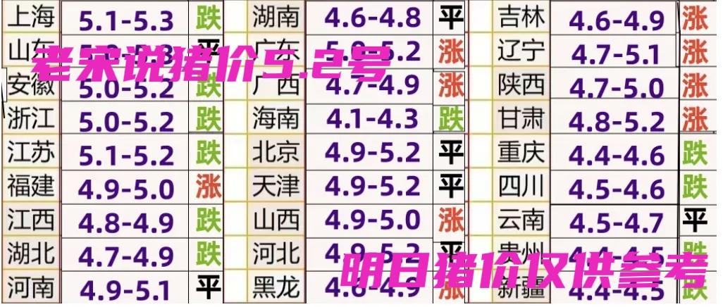 明日猪价5.2号全国毛猪价格行情继续震荡调整，经济大省山东浙江上海广东一马当先达
