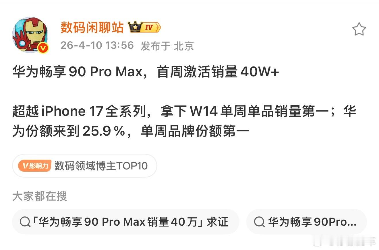 华为畅享90 Pro Max第一周就激活40w台，某些群体能不着急黑吗…..不过