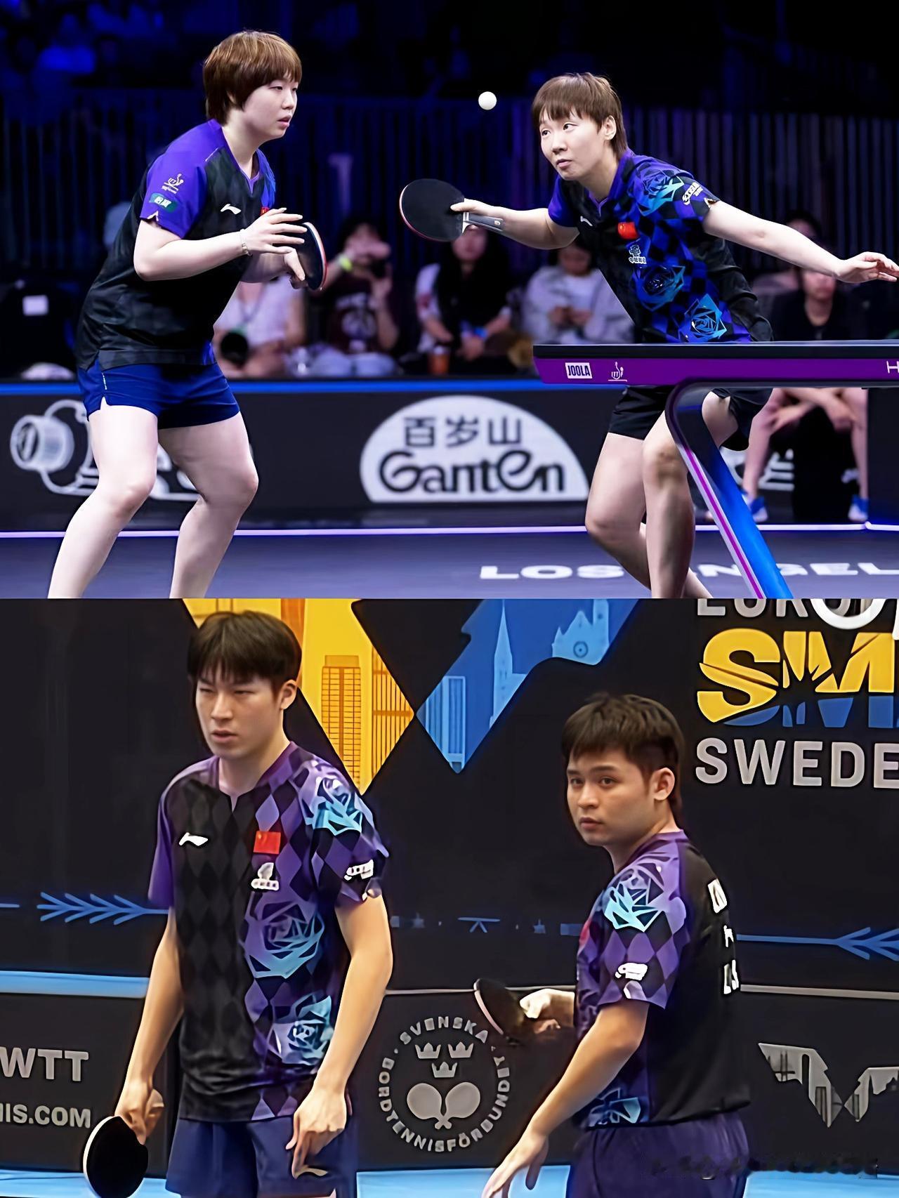 王曼昱/蒯曼3-0晋级
林诗栋/温瑞博3-2晋级
女双在4号桌，男双在2号桌同时