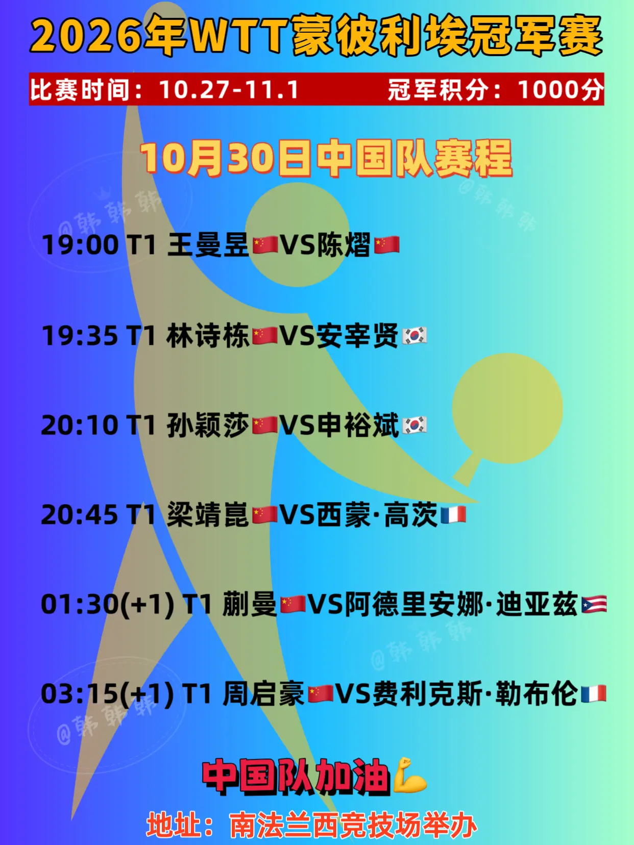 蒙彼利埃冠军赛。10月30日中国队赛程，中国队加油