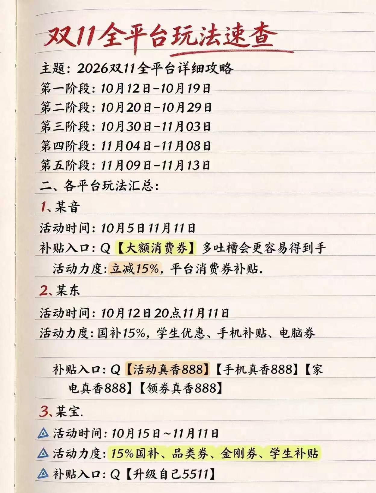 双十一全平台玩法汇总，一共40多天历时5个阶段，各种补贴全面汇总。干货满满超实用